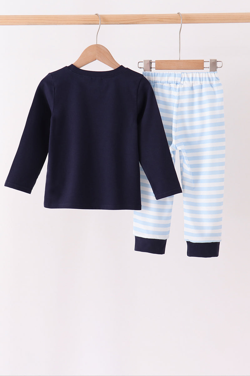 Navy Airplane Embroidery Pants Set