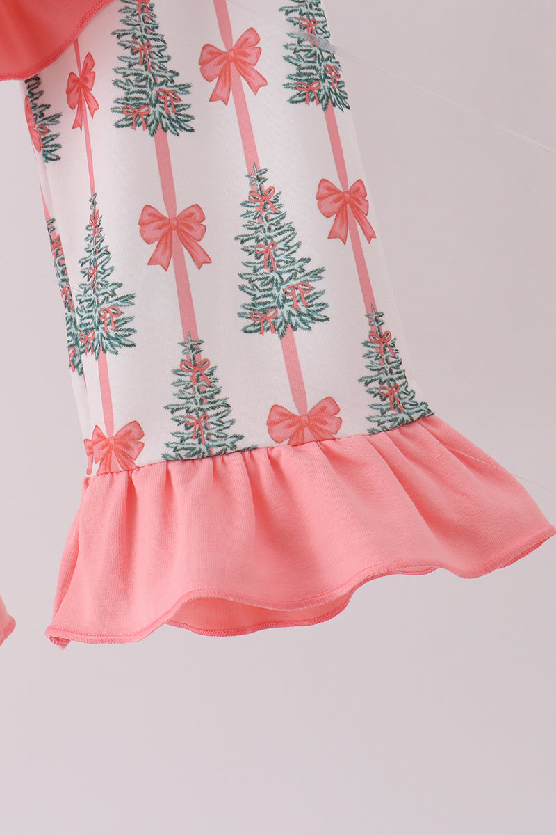 Pink Christmas Tree Bow Ruffle Pajama Set