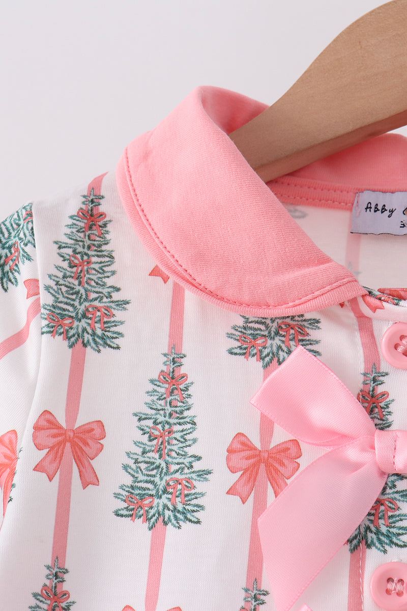 Pink Christmas Tree Bow Ruffle Pajama Set