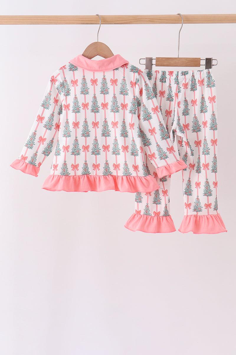 Pink Christmas Tree Bow Ruffle Pajama Set
