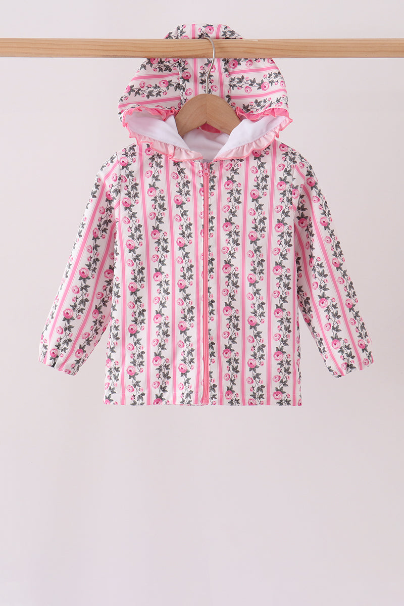 Pink Floral Stripe Ruffle Raincoat