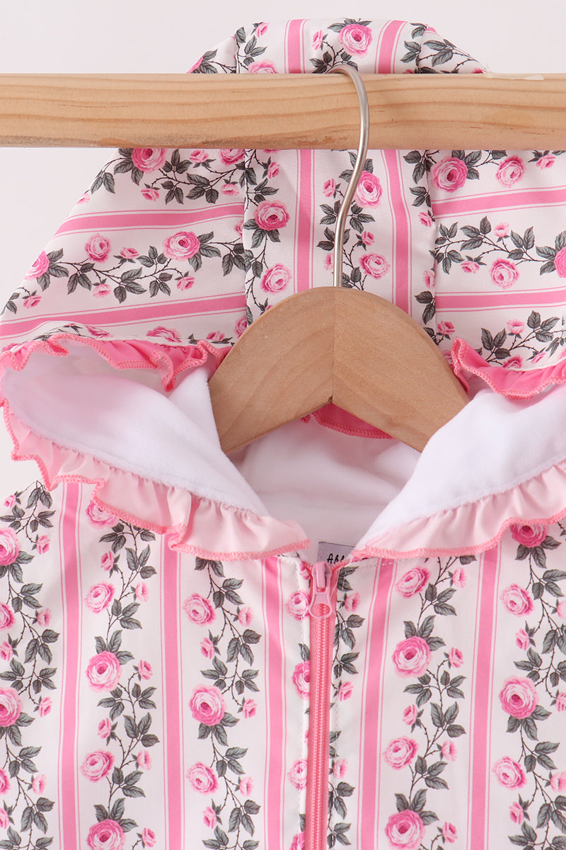 Pink Floral Stripe Ruffle Raincoat