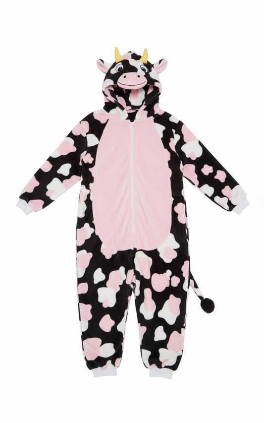 Person wearing a cow-themed onesie with pink hearts on a white background