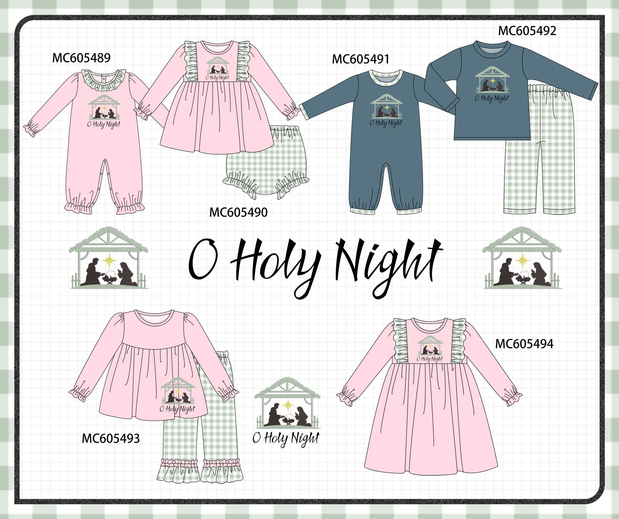 PO93 Pink&navy nativity embroidery ruffle gingham collection - Boys Pant Set