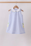 BLUE STRIPE SEERSUCKER LEMON APPLIQUE DRESS