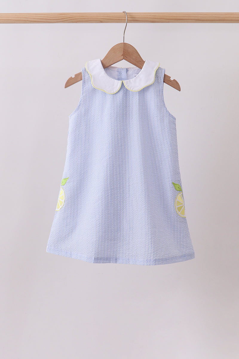 BLUE STRIPE SEERSUCKER LEMON APPLIQUE DRESS