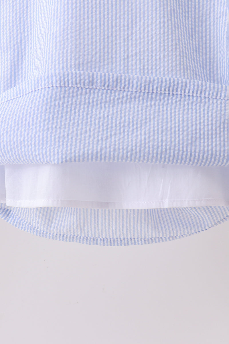 BLUE STRIPE SEERSUCKER LEMON APPLIQUE DRESS