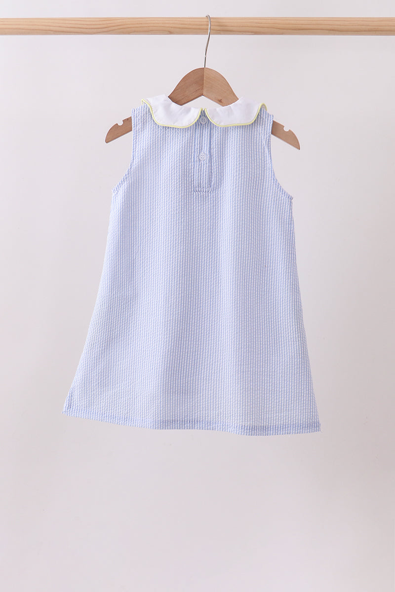 BLUE STRIPE SEERSUCKER LEMON APPLIQUE DRESS