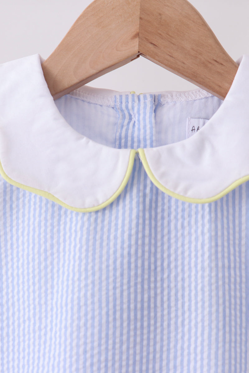 BLUE STRIPE SEERSUCKER LEMON APPLIQUE DRESS