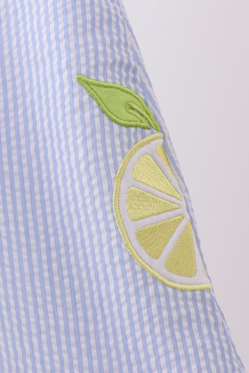 BLUE STRIPE SEERSUCKER LEMON APPLIQUE DRESS
