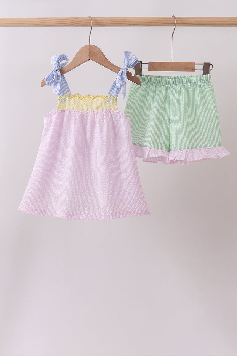 PINK STRIPE SEERSUCKER BOW RUFFLE SHORTS SET