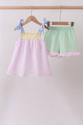 PINK STRIPE SEERSUCKER BOW RUFFLE SHORTS SET