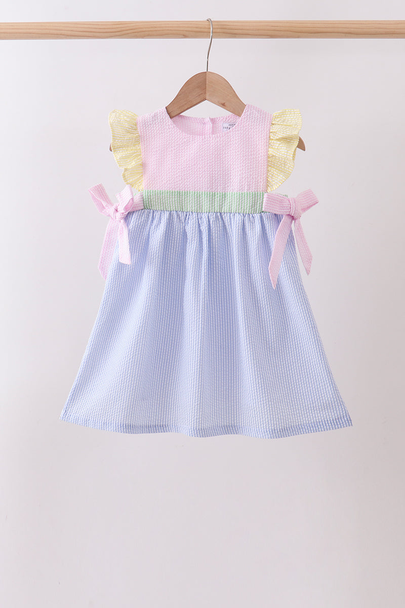 PINK&BLUE SEERSUCKER RUFFLE DRESS