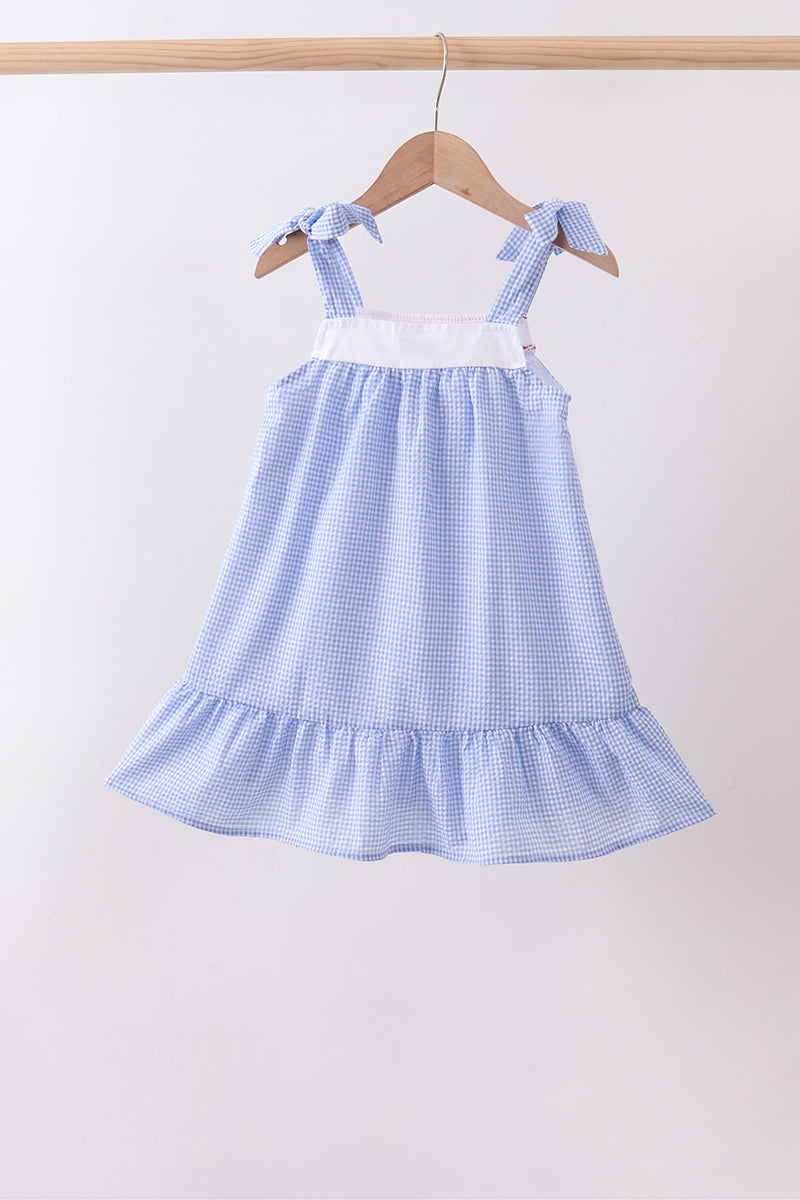 BLUE FLAG EMBROIDERY RUFFLE DRESS