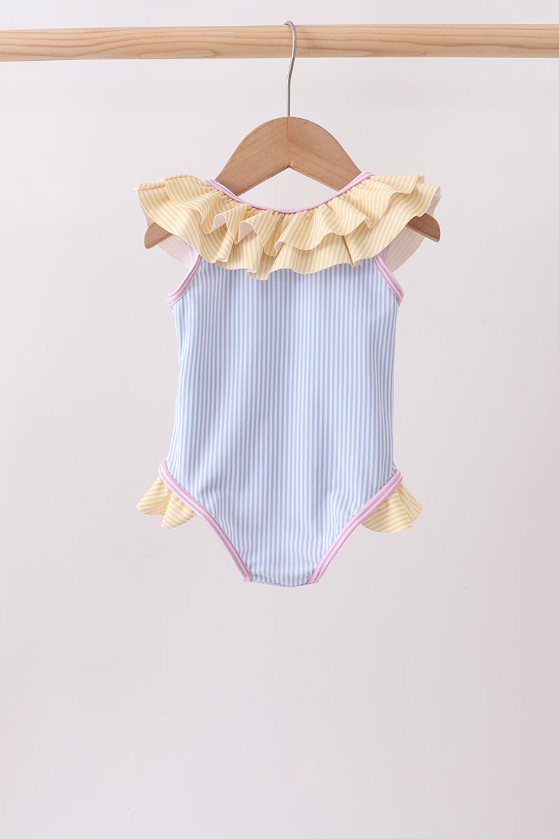 BLUE STRIPE RUFFLE ONE-PIECE SWIMSUIT