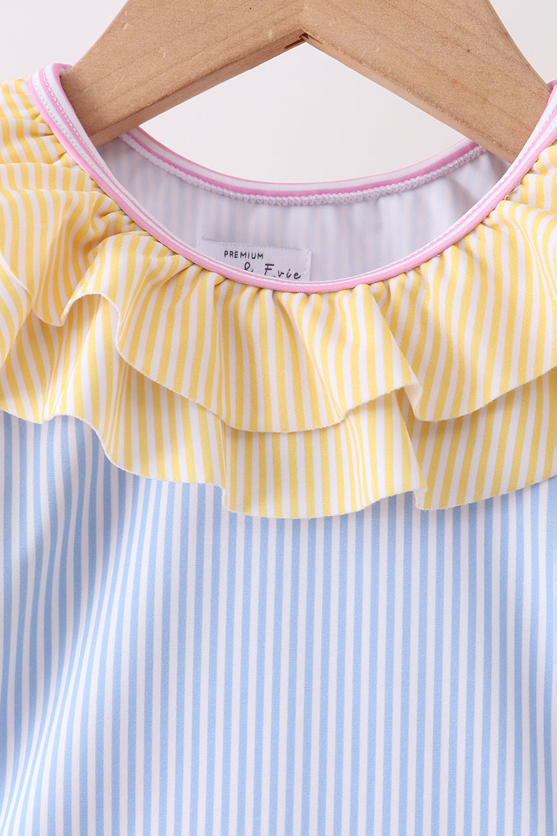 BLUE STRIPE RUFFLE ONE-PIECE SWIMSUIT