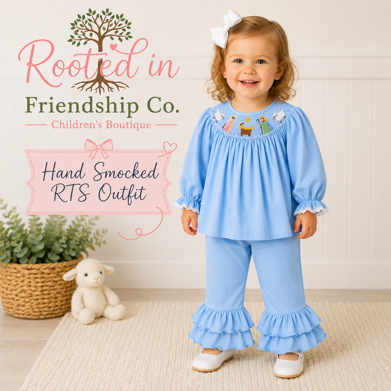 BLUE NATIVITY HAND SMOCKED RUFFLE PANTS SET