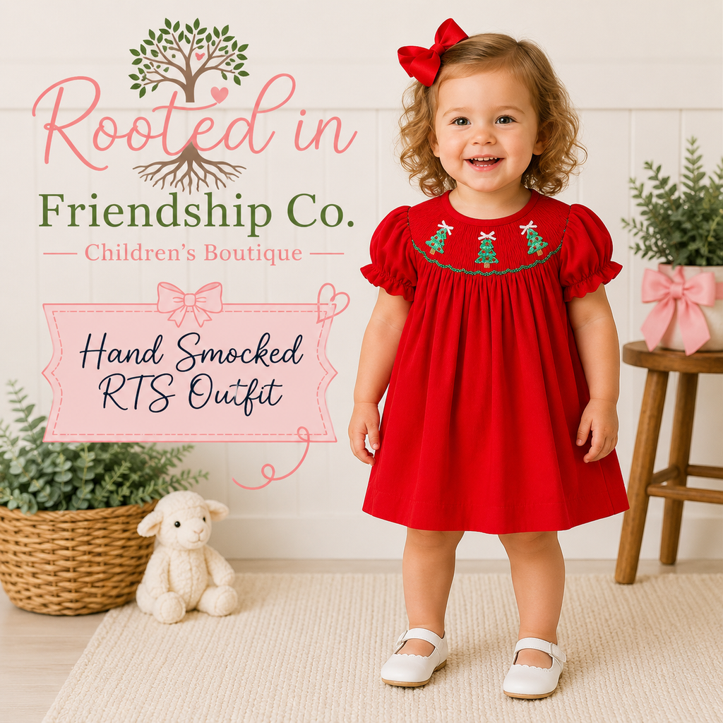 RED CHRISTMAS TREE HAND SMOCKED DRESS