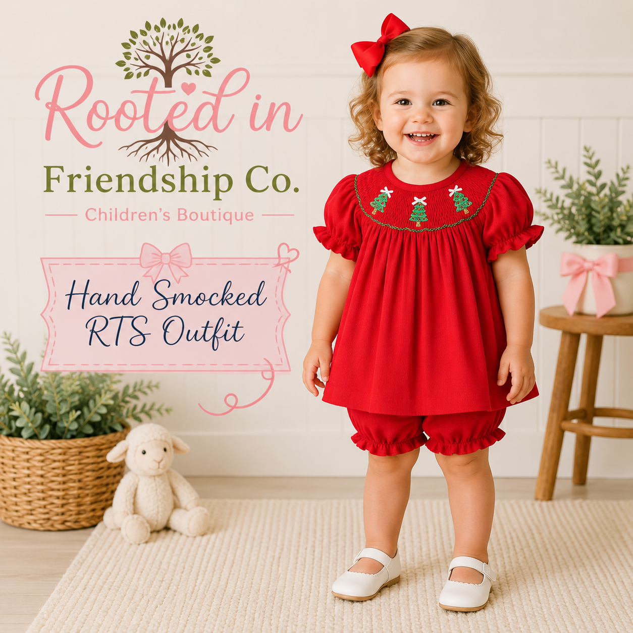 RED CHRISTMAS TREE HAND SMOCKED BLOOMER SET