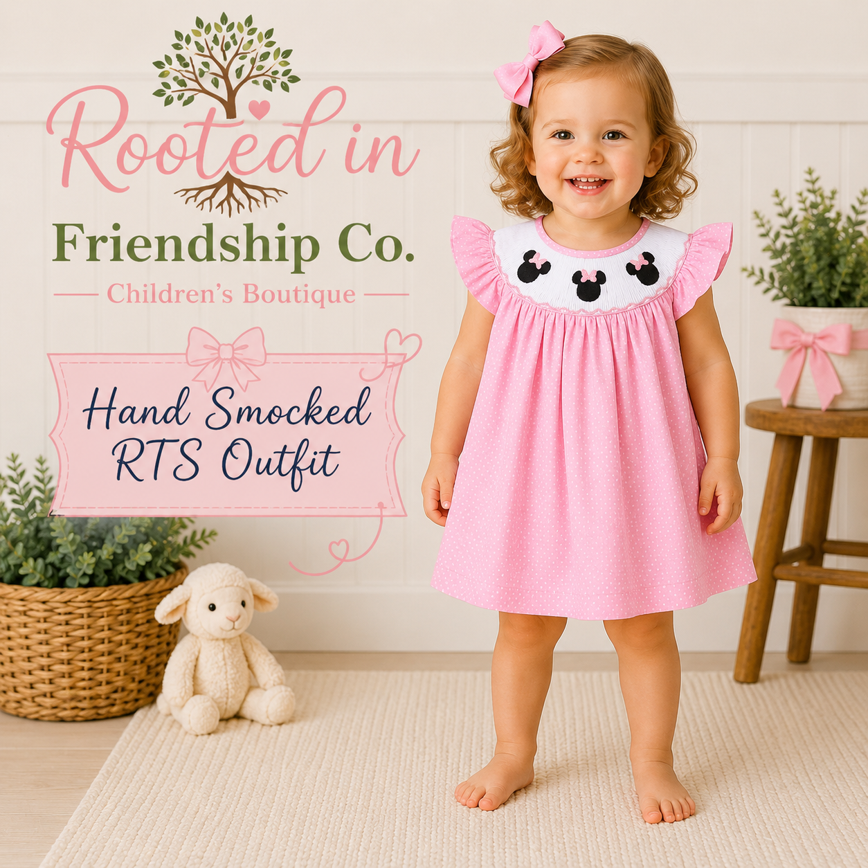 PINK CHARACTER HAND SMOCKED DOT RUFFLE DRESS