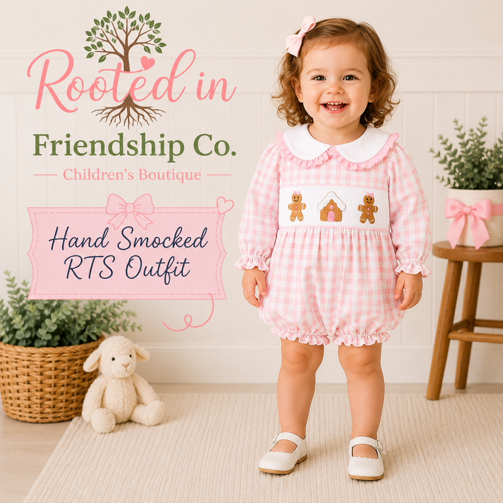 PINK GINGERBREAD HAND SMOCKED GINGHAM RUFFLE BUBBLE