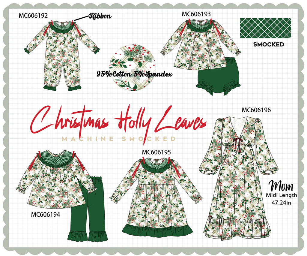 PO95 Forest Christmas holly leaves smocked collection