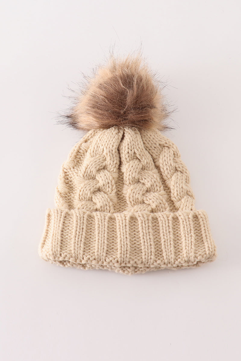 Beige pompom  cable beanie hat