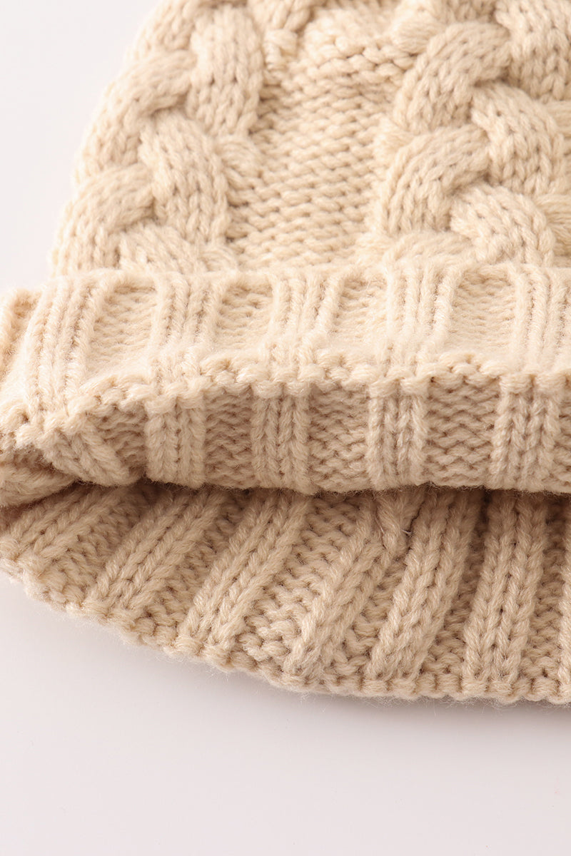 Beige pompom  cable beanie hat