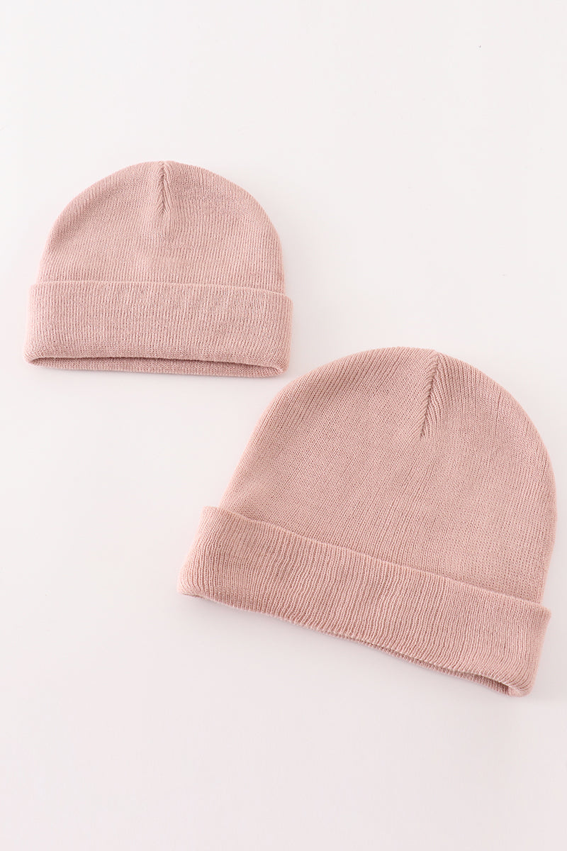 Pink ribbed basic knit beanie hat
