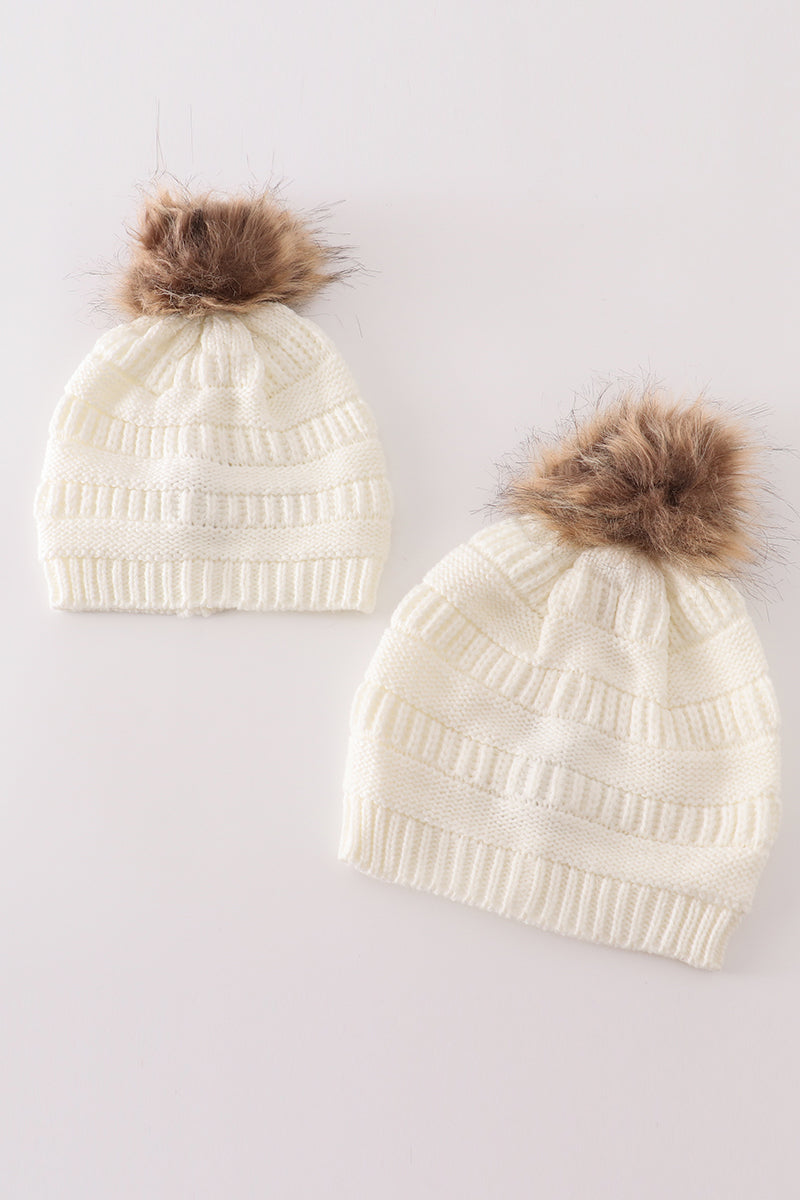 Ivory pompom cable beanie hat
