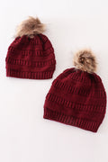 Burgundy pompom cable beanie hat