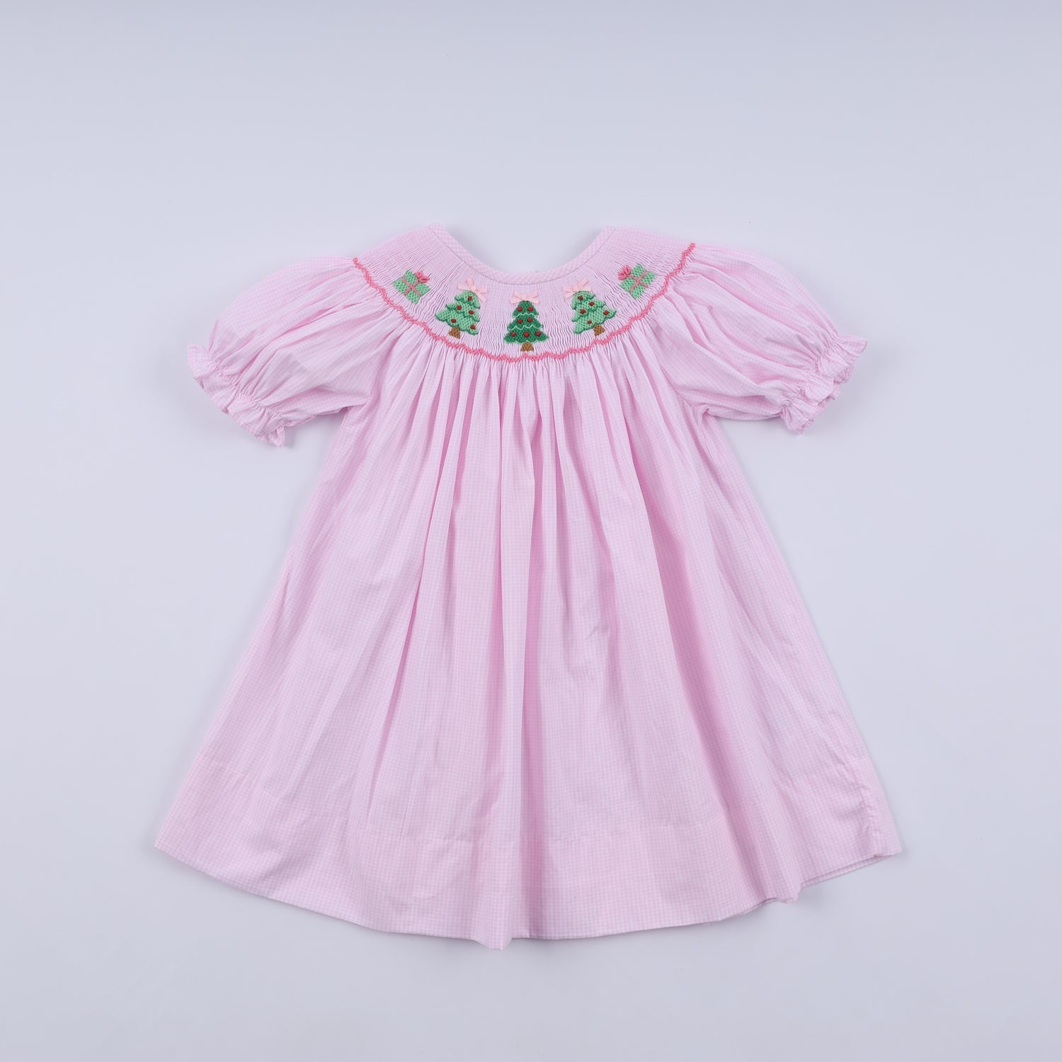 PINK CHRISTMAS TREE HAND SMOCKED DRESS