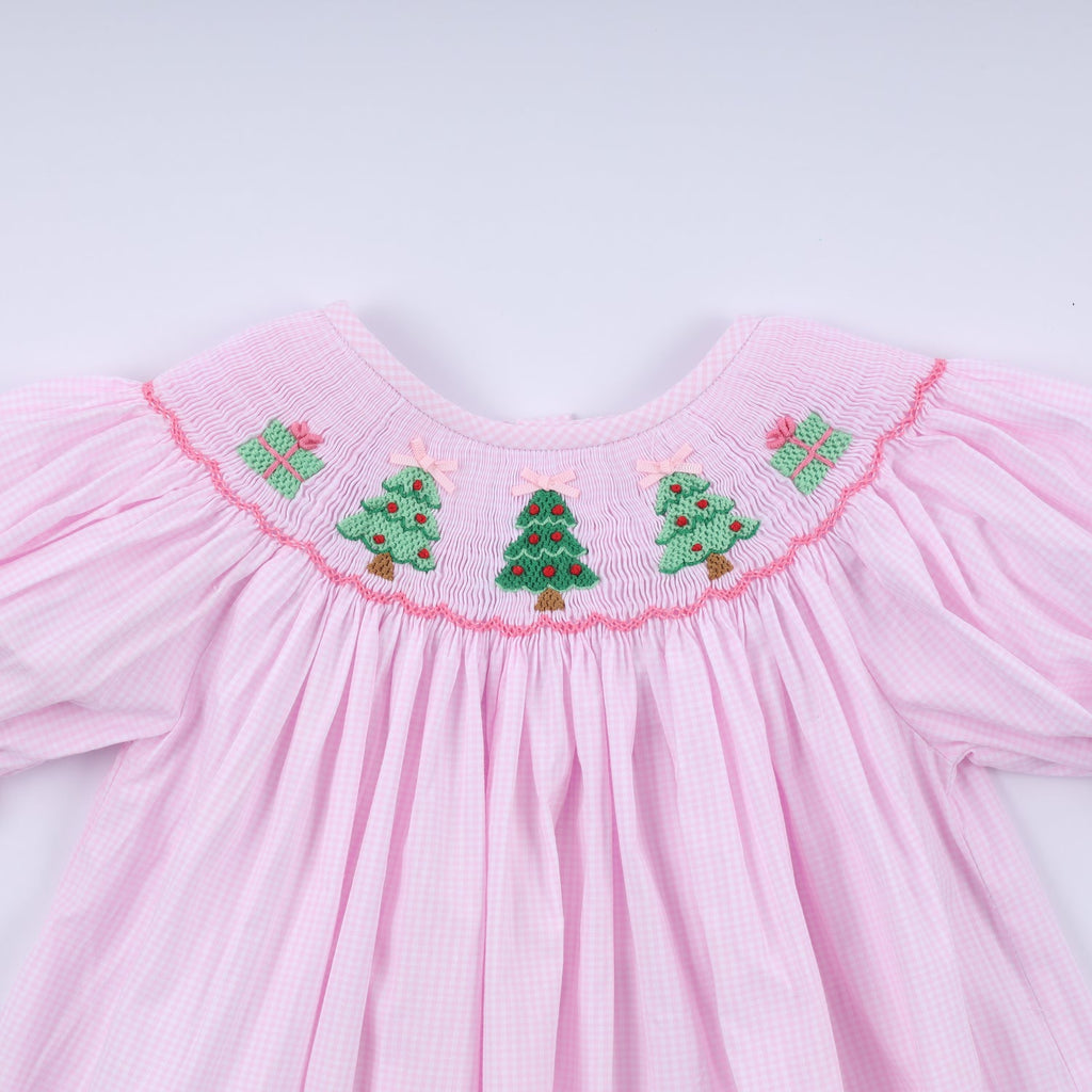 PINK CHRISTMAS TREE HAND SMOCKED DRESS