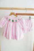 PINK CHRISTMAS TREE HAND SMOCKED BLOOMER SET