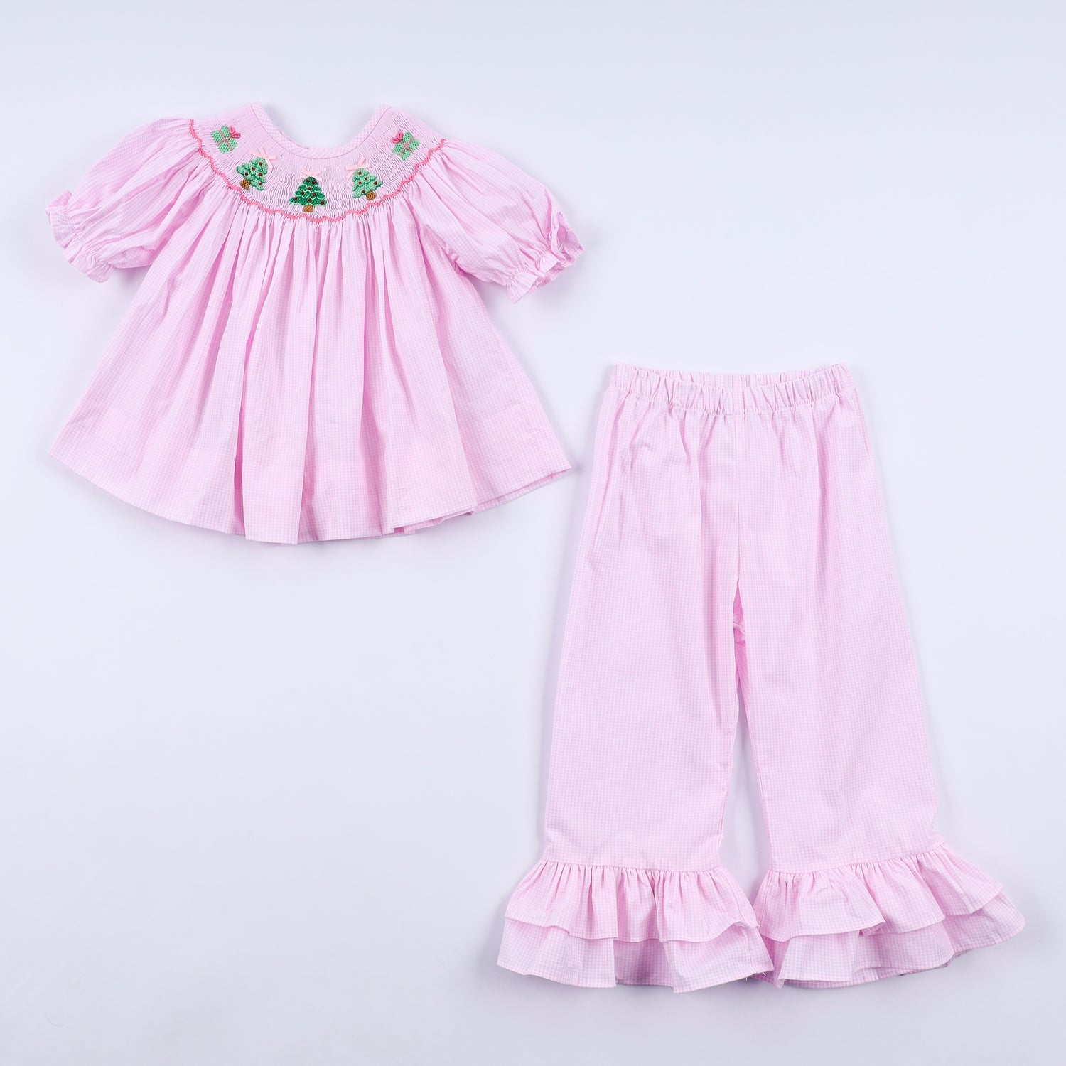PINK CHRISTMAS TREE HAND SMOCKED RUFFLE PANTS SET