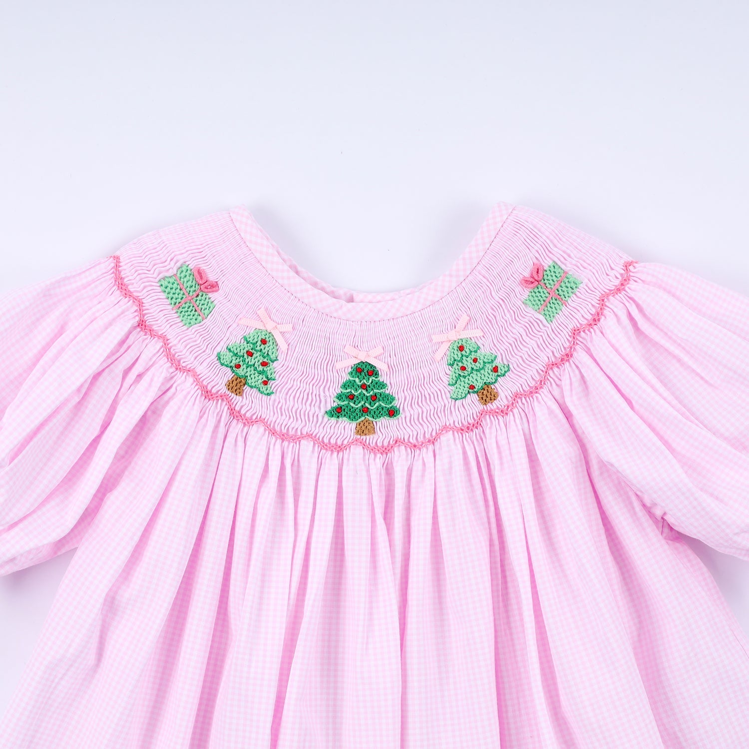 PINK CHRISTMAS TREE HAND SMOCKED RUFFLE PANTS SET