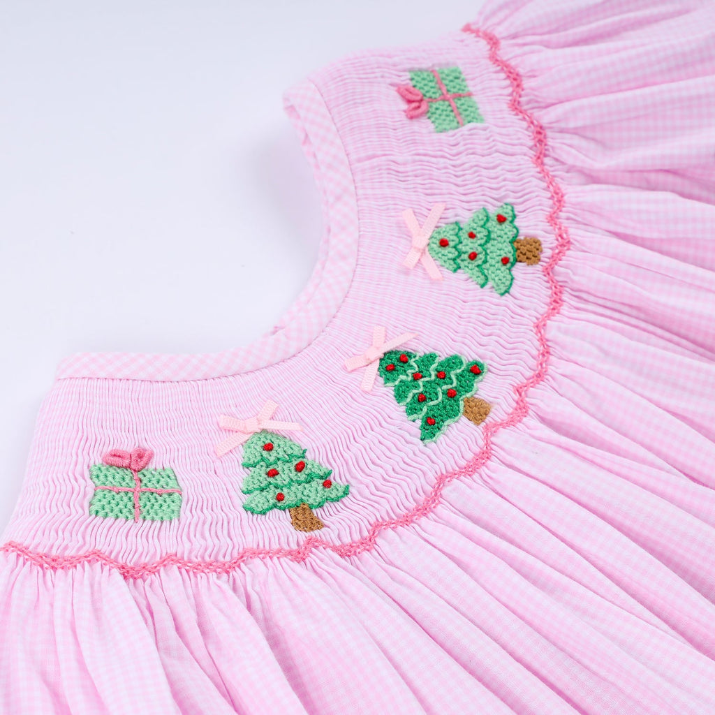 PINK CHRISTMAS TREE HAND SMOCKED RUFFLE PANTS SET