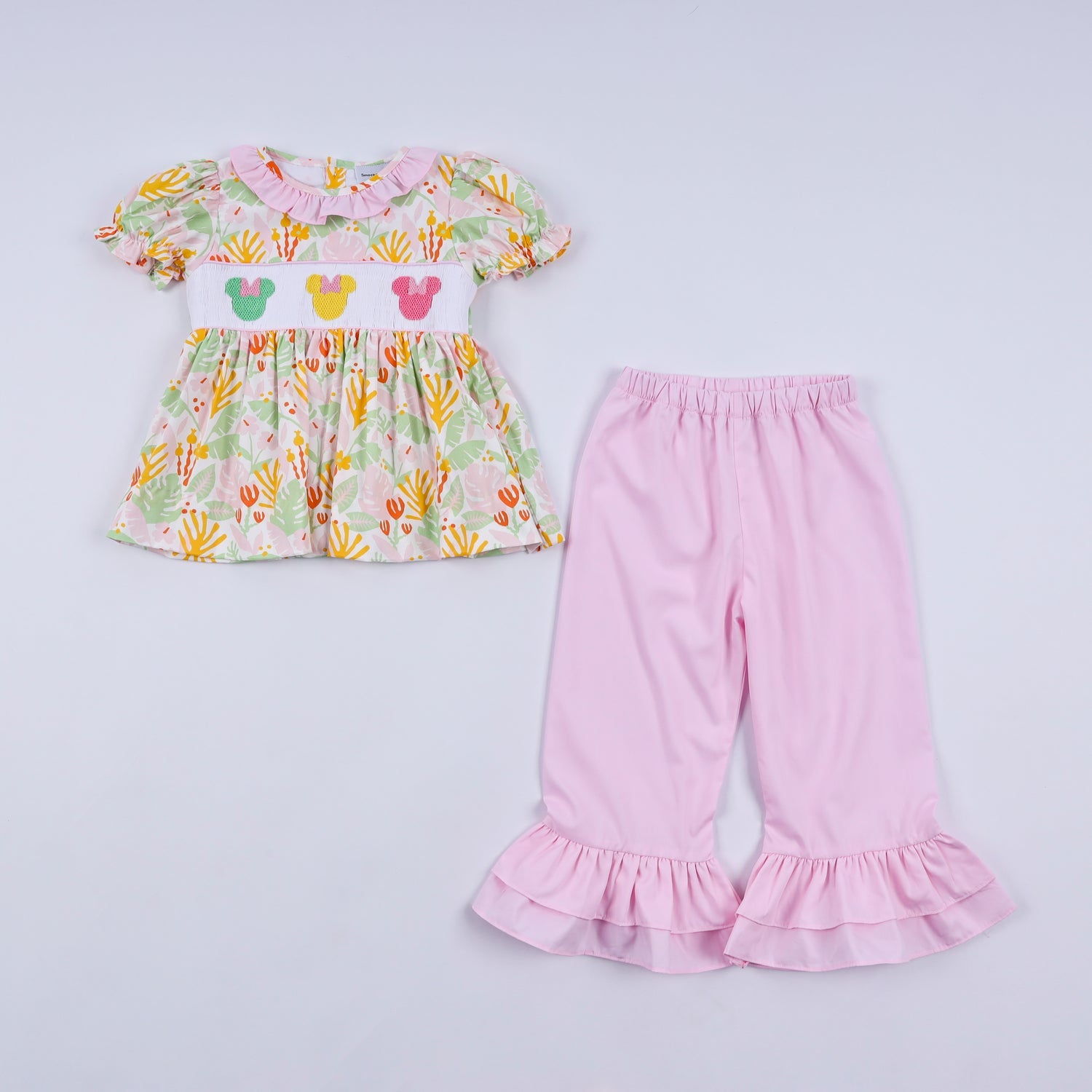SWEET ISLAND CHARACTER HAND SMOCKED RUFFLE PANTS SET