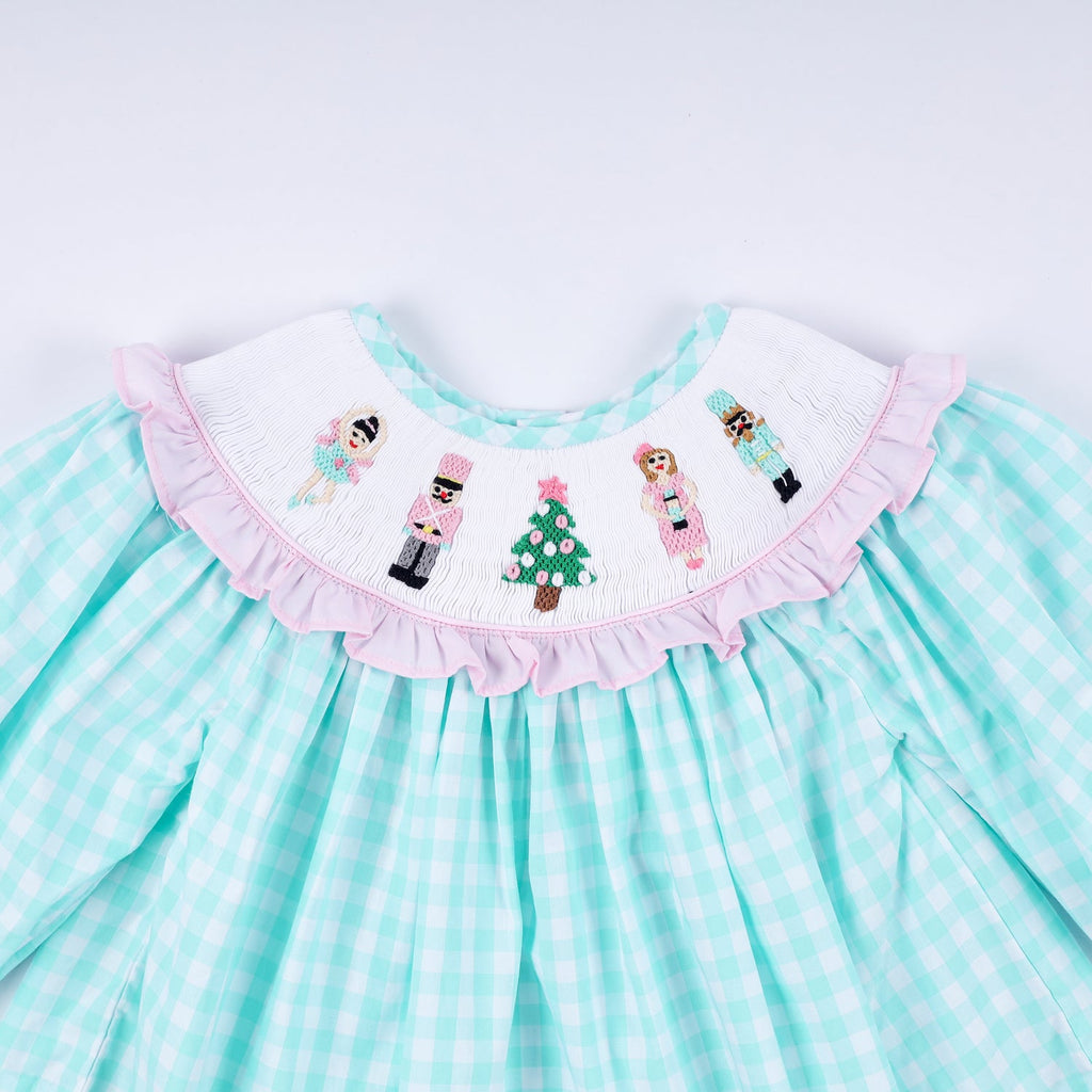 MINT CHRISTMAS NUTCRACKER HAND SMOCKED GINGHAM RUFFLE PANTS SET