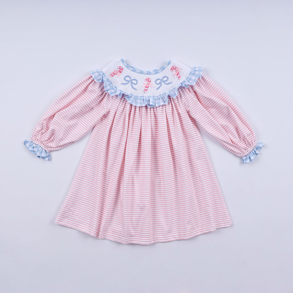 PINK CANDY CANE BOW HAND SMOCKED RUFFLE DRESS