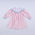 PINK CANDY CANE BOW HAND SMOCKED RUFFLE DRESS