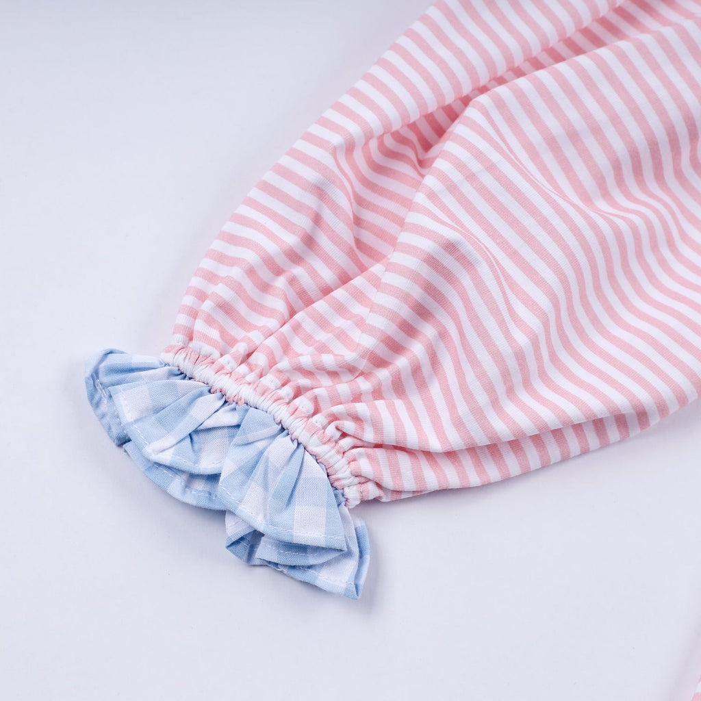 PINK CANDY CANE BOW HAND SMOCKED RUFFLE DRESS
