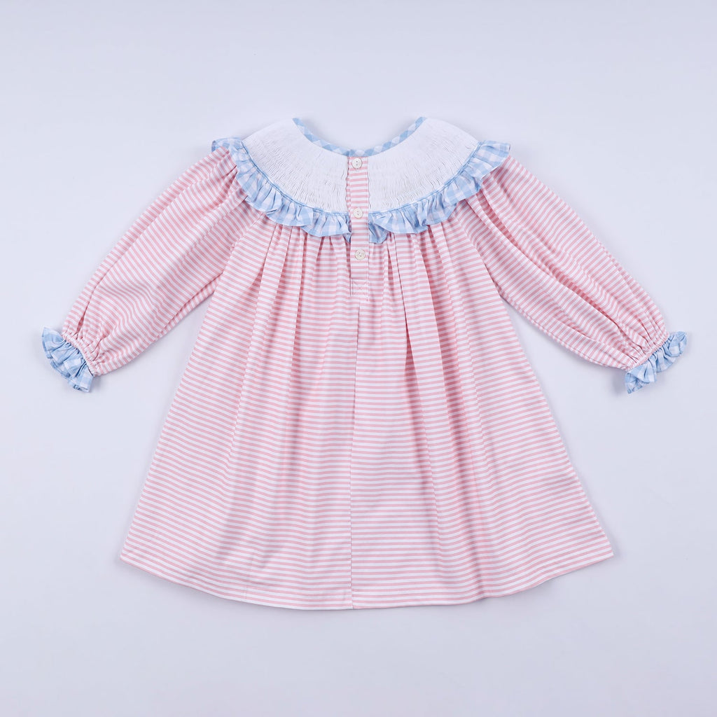 PINK CANDY CANE BOW HAND SMOCKED RUFFLE DRESS
