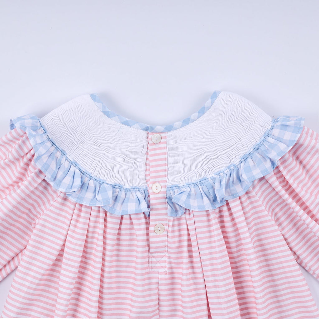 PINK CANDY CANE BOW HAND SMOCKED RUFFLE DRESS