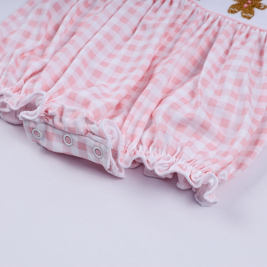 PINK GINGERBREAD HAND SMOCKED GINGHAM RUFFLE BUBBLE