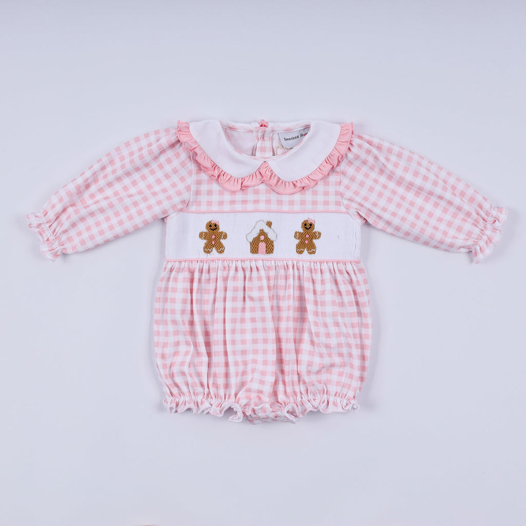PINK GINGERBREAD HAND SMOCKED GINGHAM RUFFLE BUBBLE