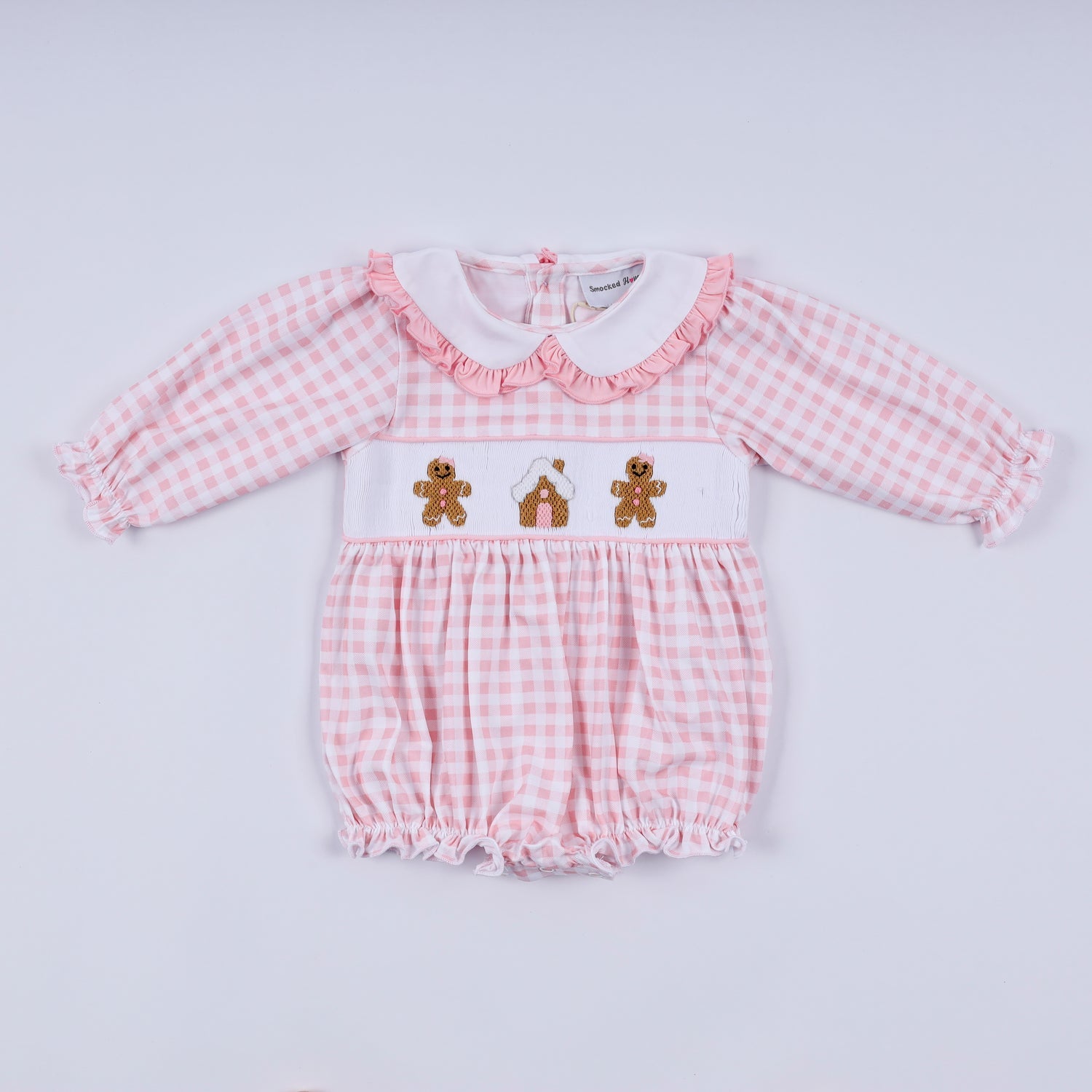 PINK GINGERBREAD HAND SMOCKED GINGHAM RUFFLE BUBBLE