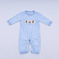 BLUE GINGERBREAD HAND SMOCKED GINGHAM ROMPER