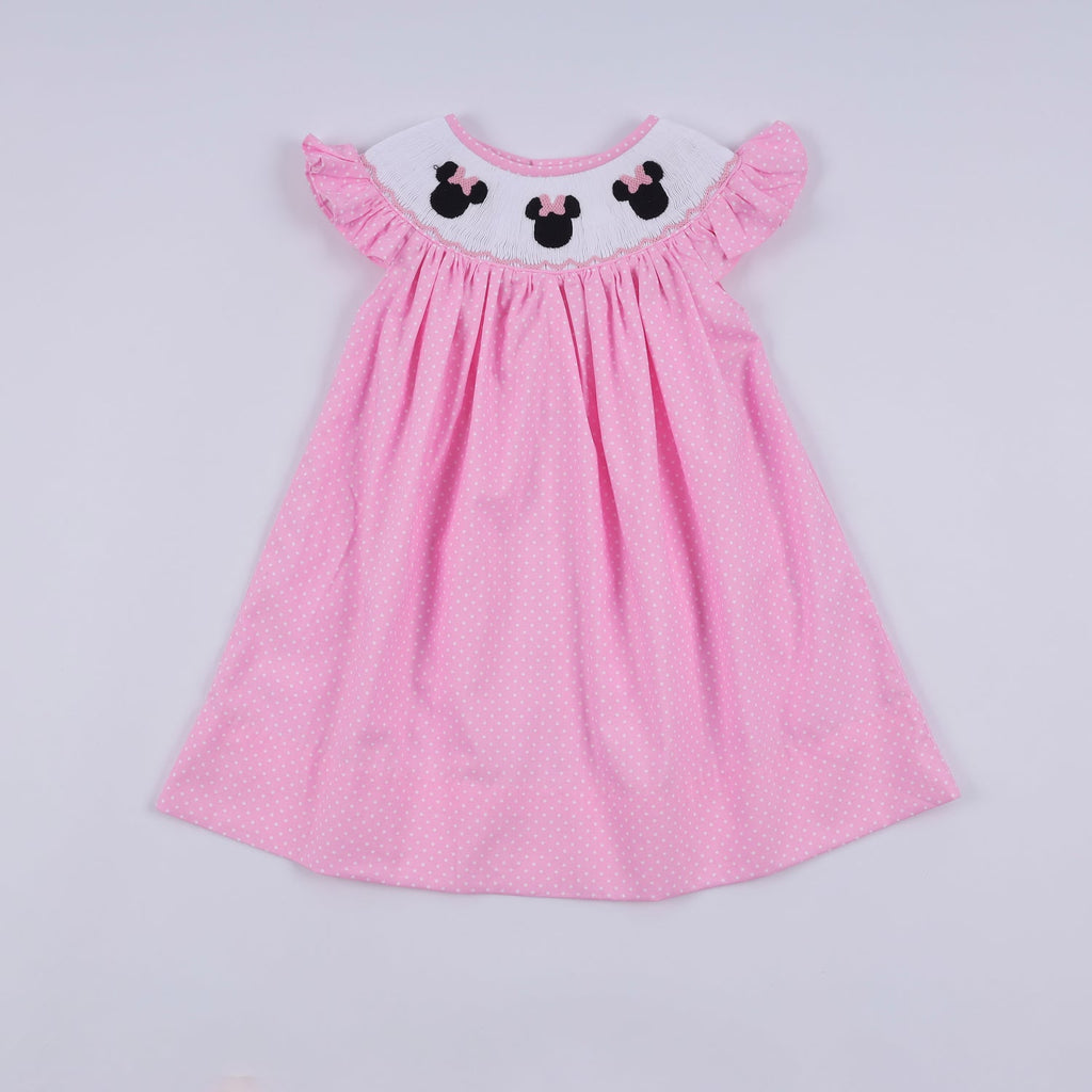 PINK CHARACTER HAND SMOCKED DOT RUFFLE DRESS