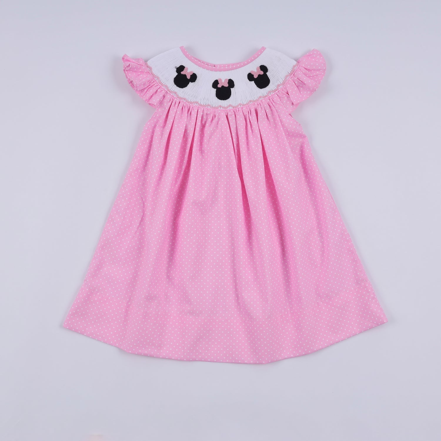 PINK CHARACTER HAND SMOCKED DOT RUFFLE DRESS